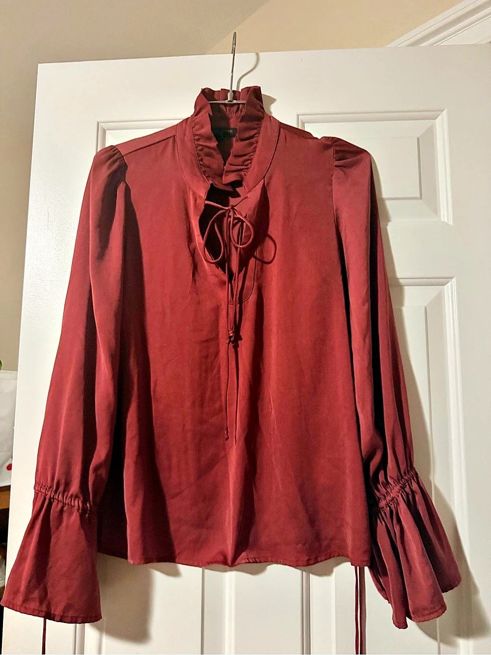 Banana Republic Ruffle Neck Tie Front Blouse in Red